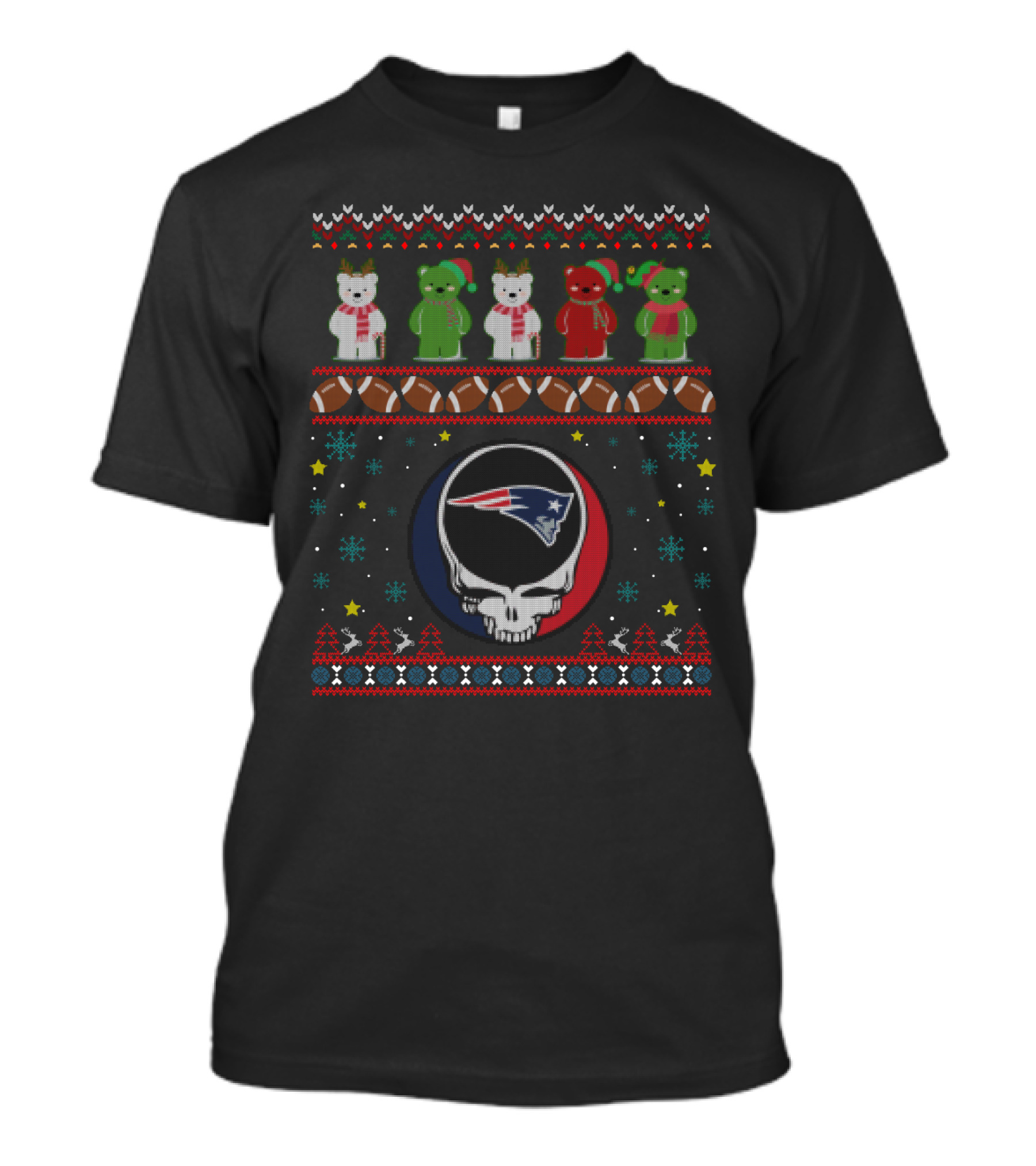 New England Patriots Grateful Dead Bears Christmas Football Skull T-Shirt