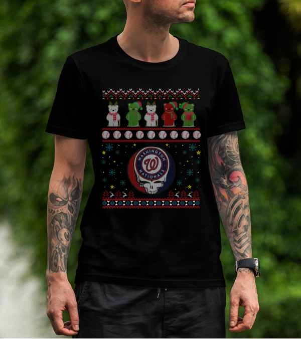 Washington Nationals Christmas Bears And Grateful Dead Skull Holiday T-Shirt