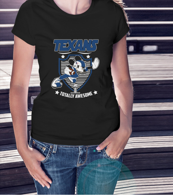 Texans Totally Awesome Football Fan Character Running With Ball On Shield T-Shirt