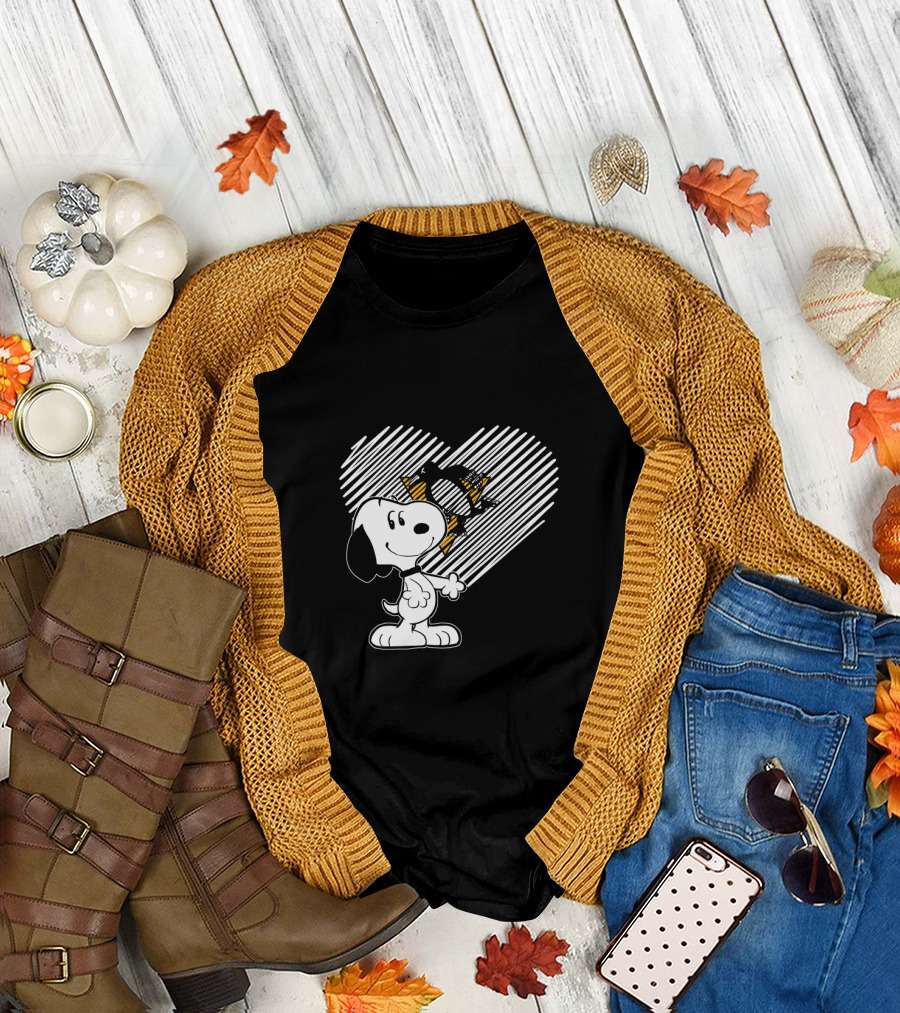 Snoopy Heart Penguins Hockey with Black and Gold Accents T-Shirt