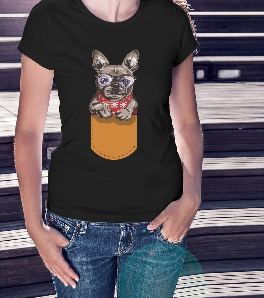 Cool Frenchie France Bulldog In Glasses With Red Scarf In Pocket T-Shirt
