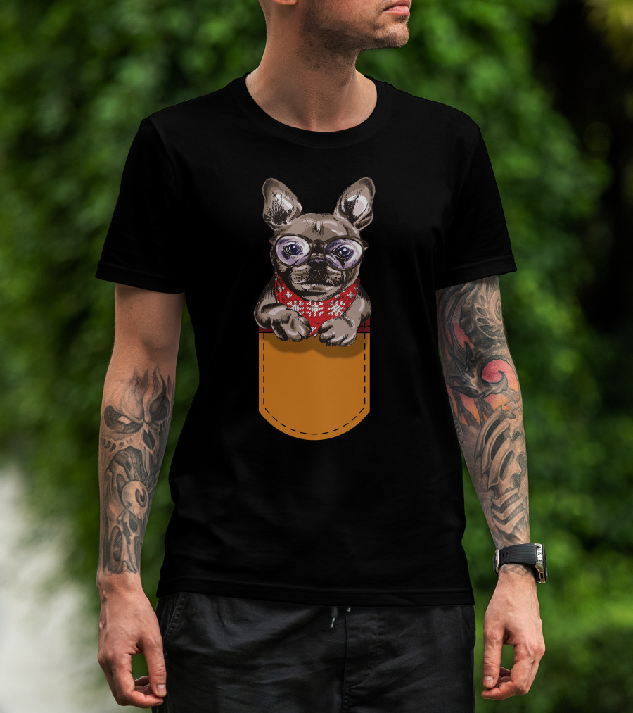 Cool Frenchie France Bulldog In Glasses With Red Scarf In Pocket T-Shirt