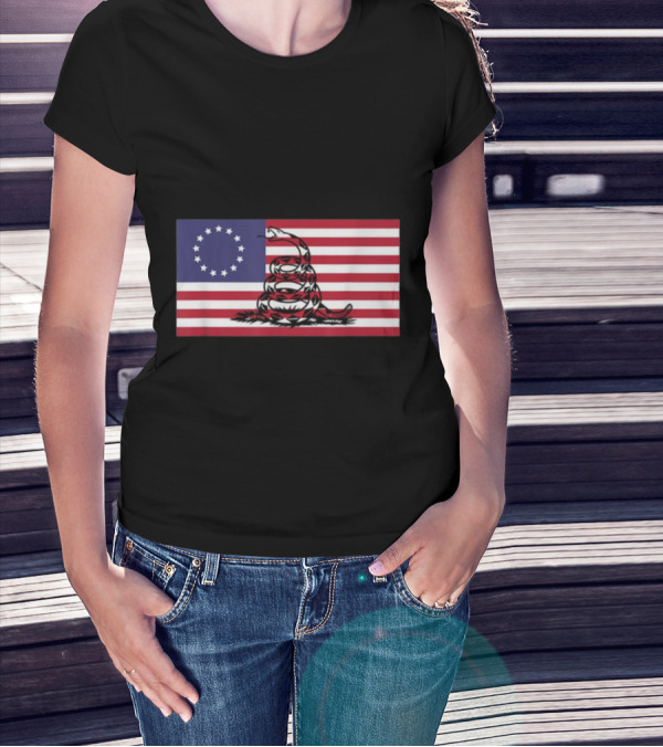 Betsy Ross Flag Combined With Gadsden Snake Icon 13 Star Colonial American Symbolism T-Shirt