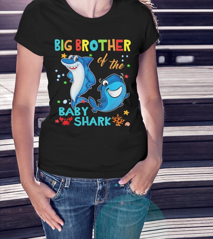 Big Brother Of The Baby Shark With Cartoon Sharks And Sea Creatures T-Shirt