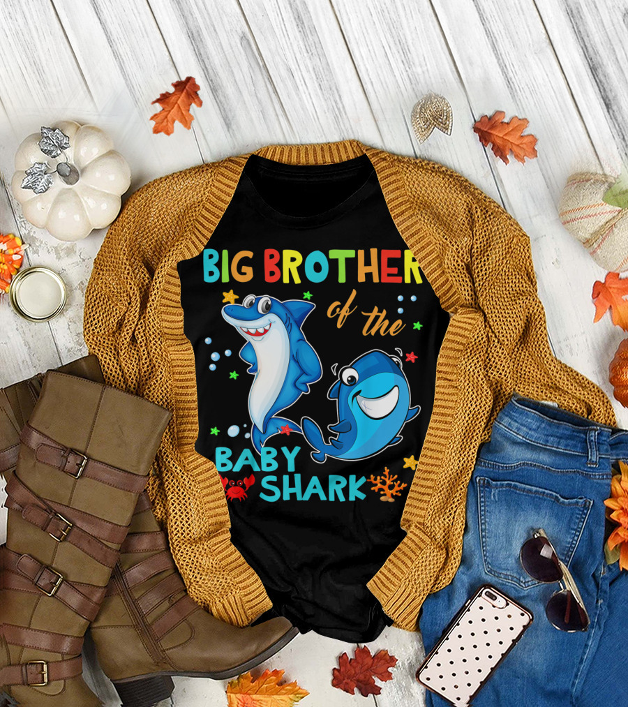 Big Brother of the Baby Shark with Cartoon Sharks and Sea Creatures T-Shirt