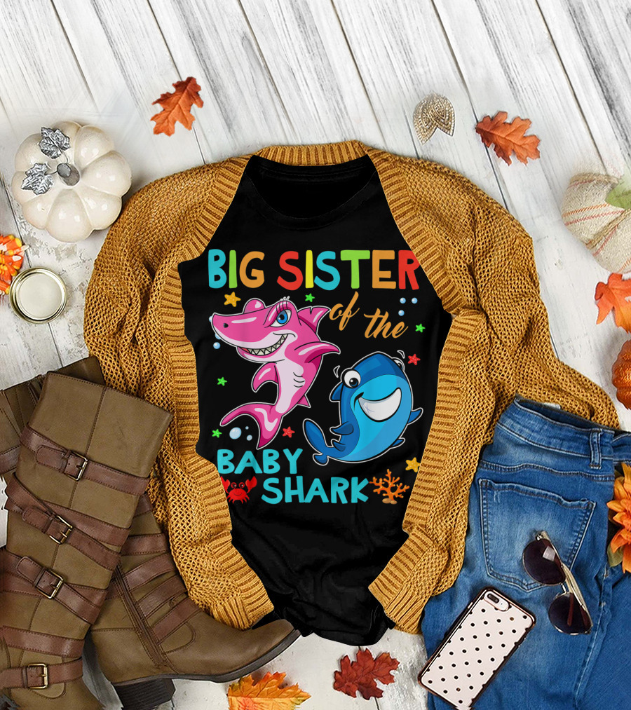 Big Sister of the Baby Shark with Colorful Cartoon Characters and Sea Creatures T-Shirt