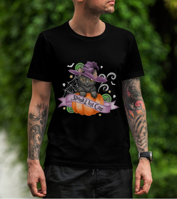 Spooky But Cute Cat Halloween Witch Hat Pumpkin Spiderweb Bats Skulls T-Shirt