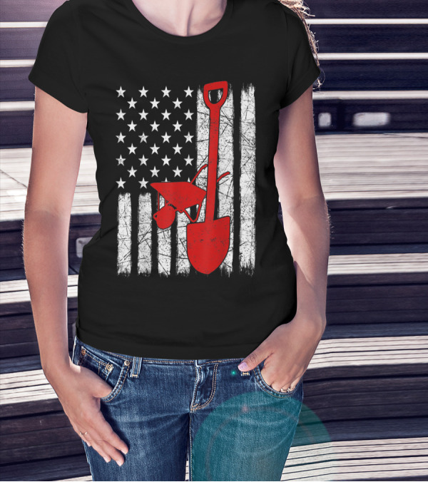 American Flag Garden Tools Wheelbarrow Shovel T-Shirt