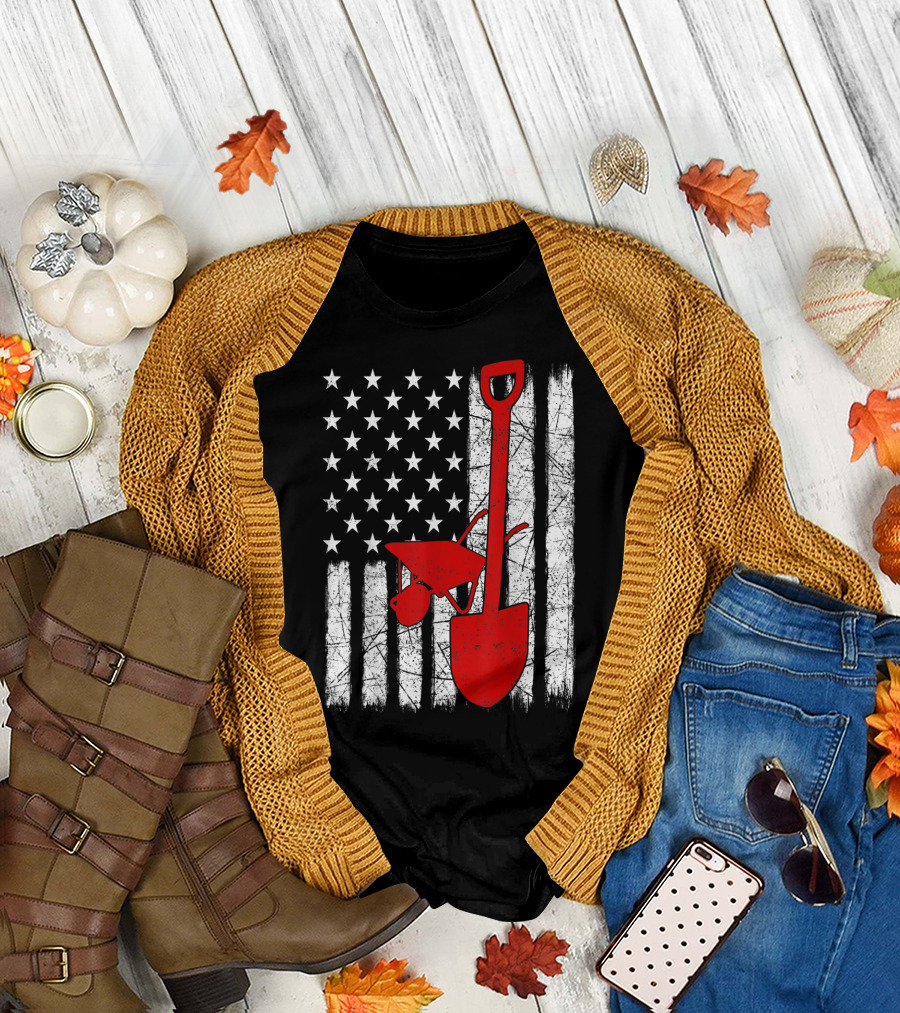 American Flag Garden Tools Wheelbarrow Shovel T-Shirt