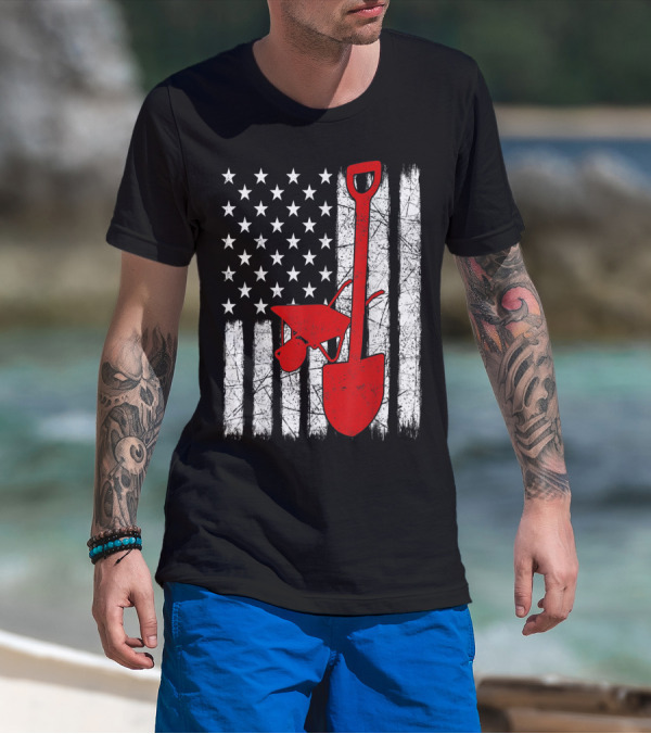 American Flag Garden Tools Wheelbarrow Shovel T-Shirt