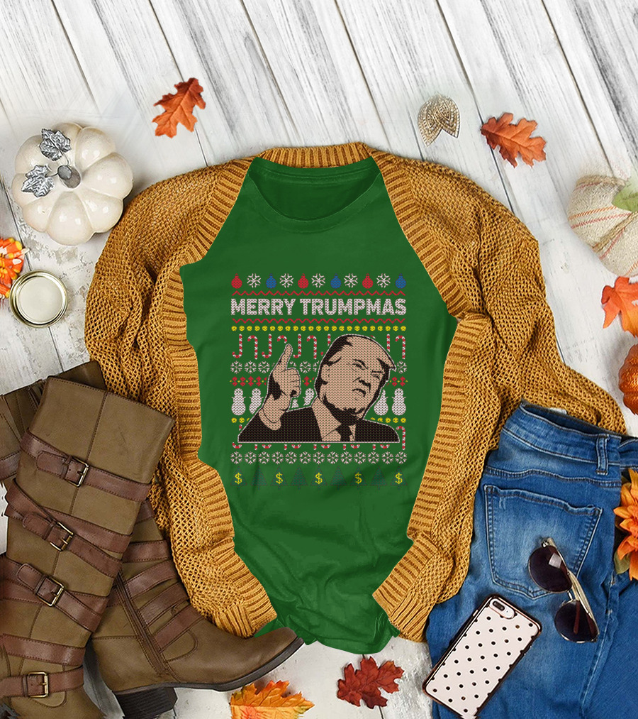 Merry Trumpmas Ugly Christmas Sweater Pattern with Donald Trump and Holiday Symbols T-Shirt