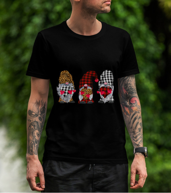 Three Gnomes Leopard Buffalo Plaid Hearts Valentines T-Shirt