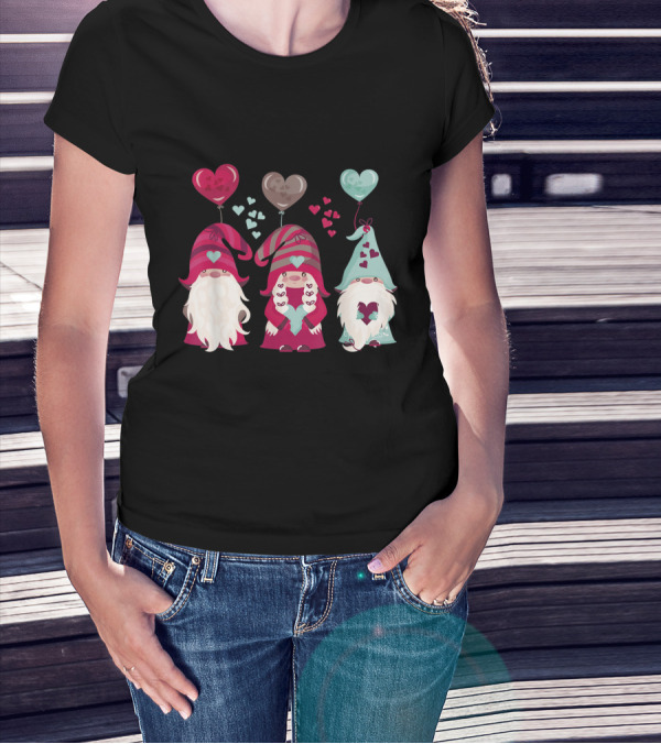 Three Gnomes With Heart Balloons Valentines T-Shirt