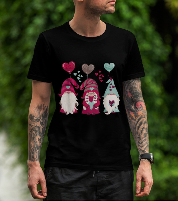 Three Gnomes With Heart Balloons Valentines T-Shirt