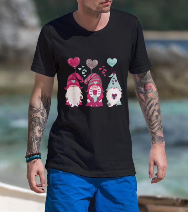 Three Gnomes With Heart Balloons Valentines T-Shirt