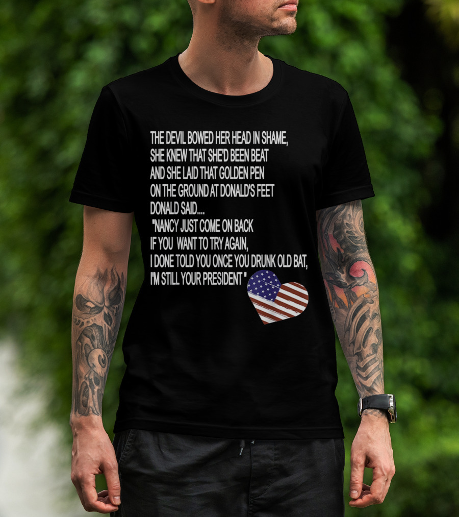 Impeachment Hoax Nancy Pelosi Poem The Devil Bowed Her Head With American Flag Heart T-Shirt