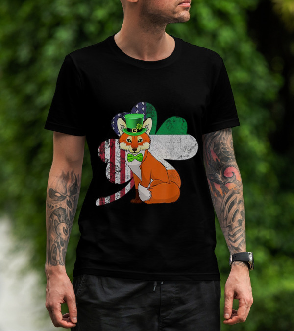 Irish American Flag Shamrock With Bow Tie Fox In Green Hat T-Shirt