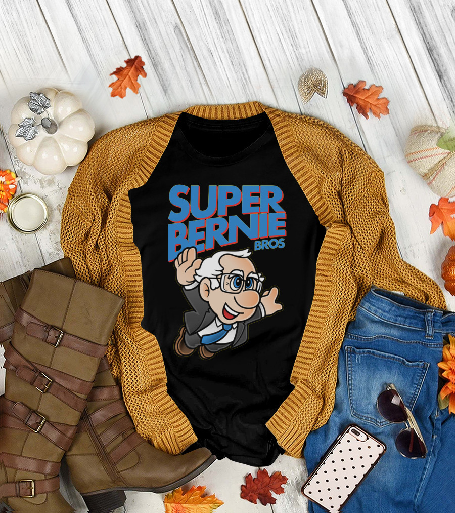 Super Bernie Bros Flying Cartoon Character in Blue Suit and Glasses Iconic T-Shirt