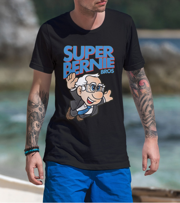 Super Bernie Bros Flying Cartoon Character In Blue Suit And Glasses Iconic T-Shirt