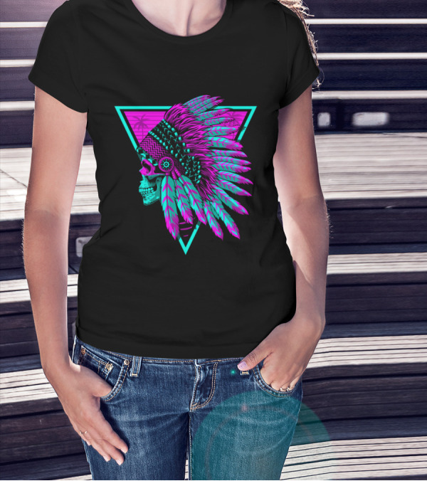 Retro Neon Skull With Headdress In Triangle Frame T-Shirt