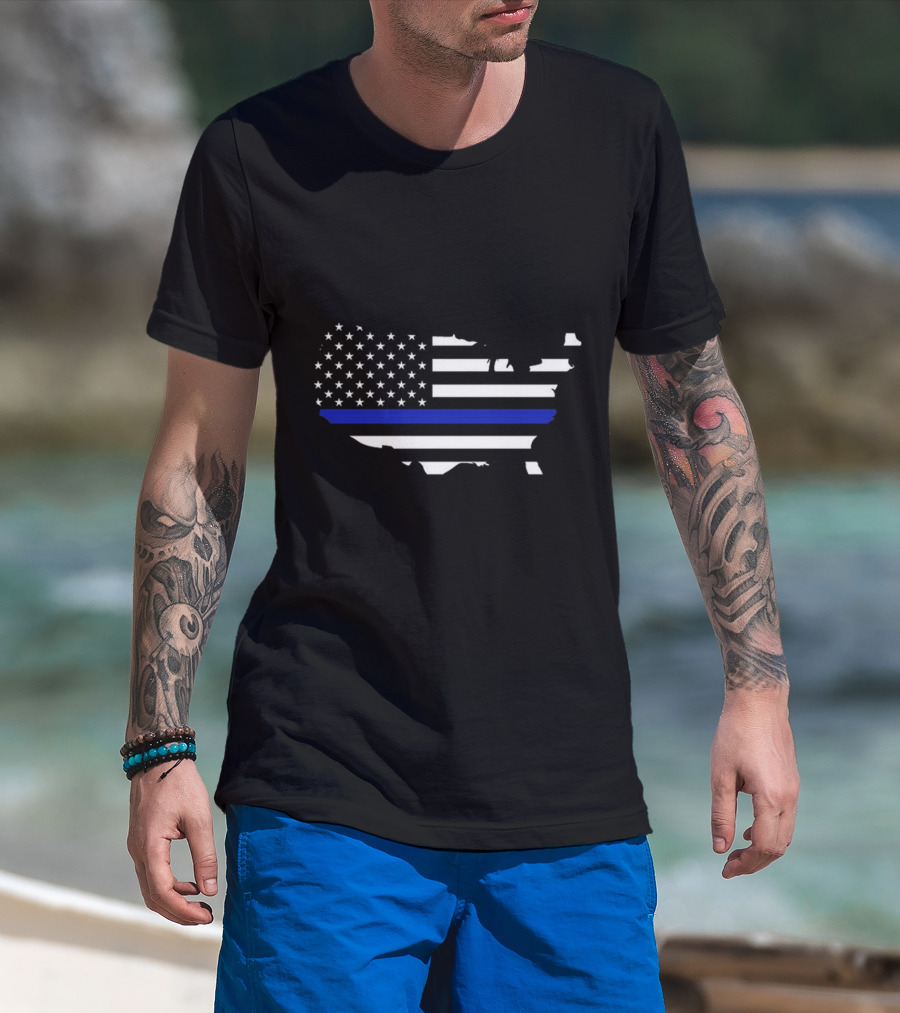 Thin Blue Line Flag Map Of USA T-Shirt