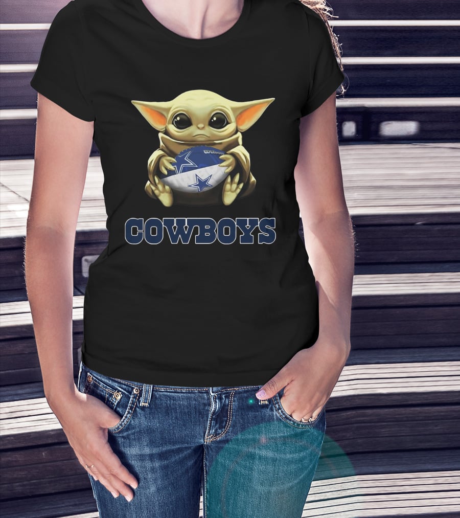 Cowboys Baby Yoda Holding Football Star Wars Crossover T-Shirt