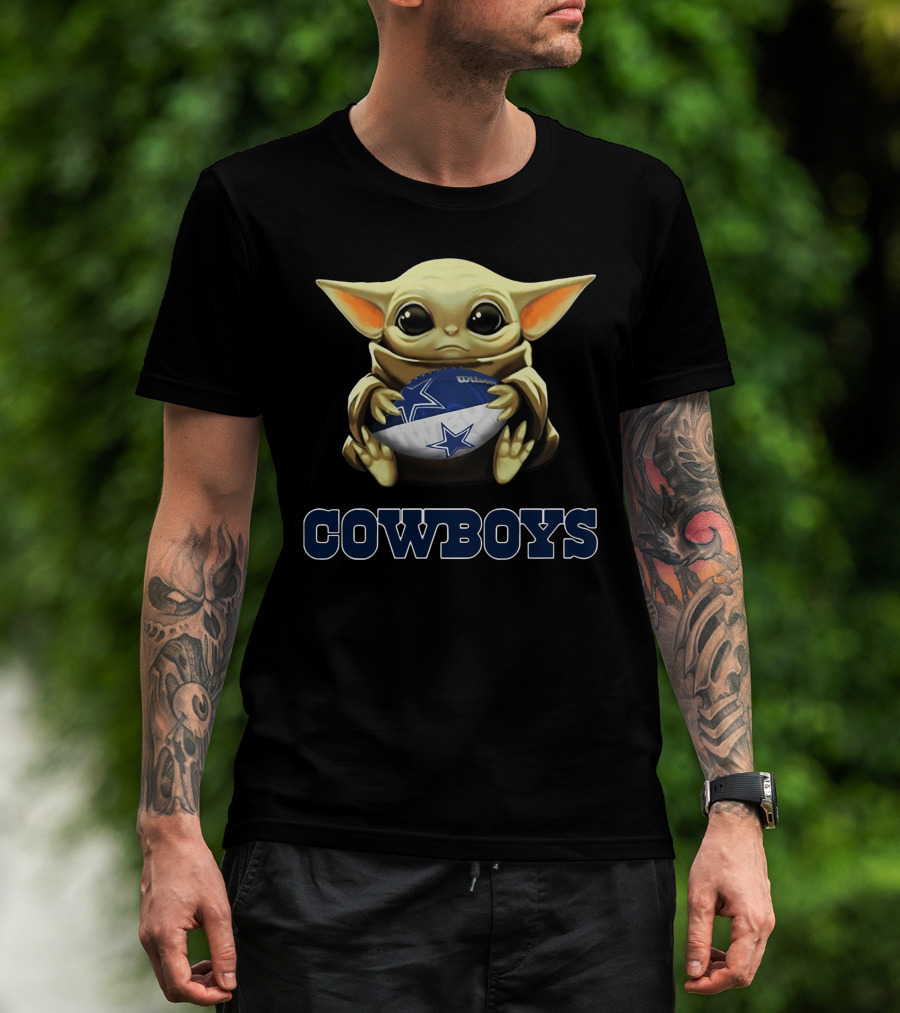 Cowboys Baby Yoda Holding Football Star Wars Crossover T-Shirt