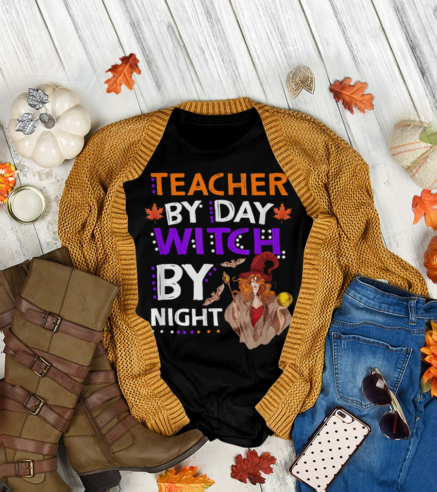Teacher By Day Witch By Night Halloween Magic Bats Moon T-Shirt