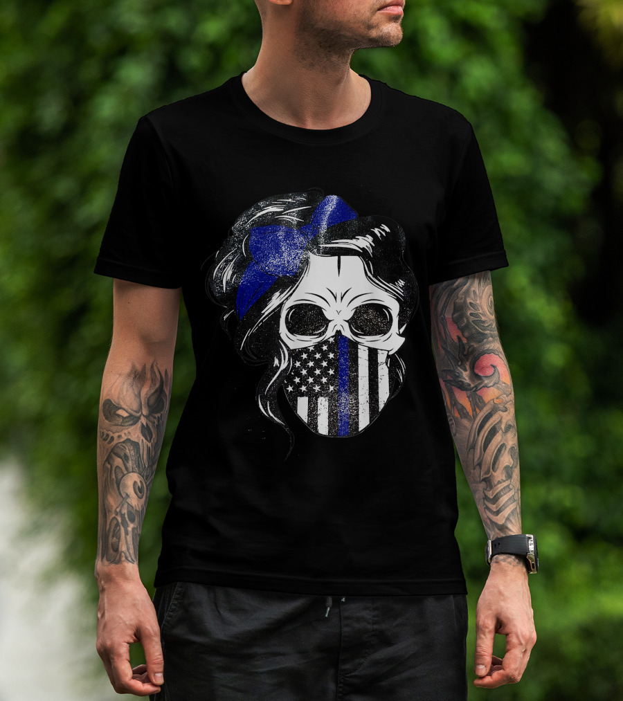 Skull Flag Blue Line Mask With Hair Bow And American T-Shirt
