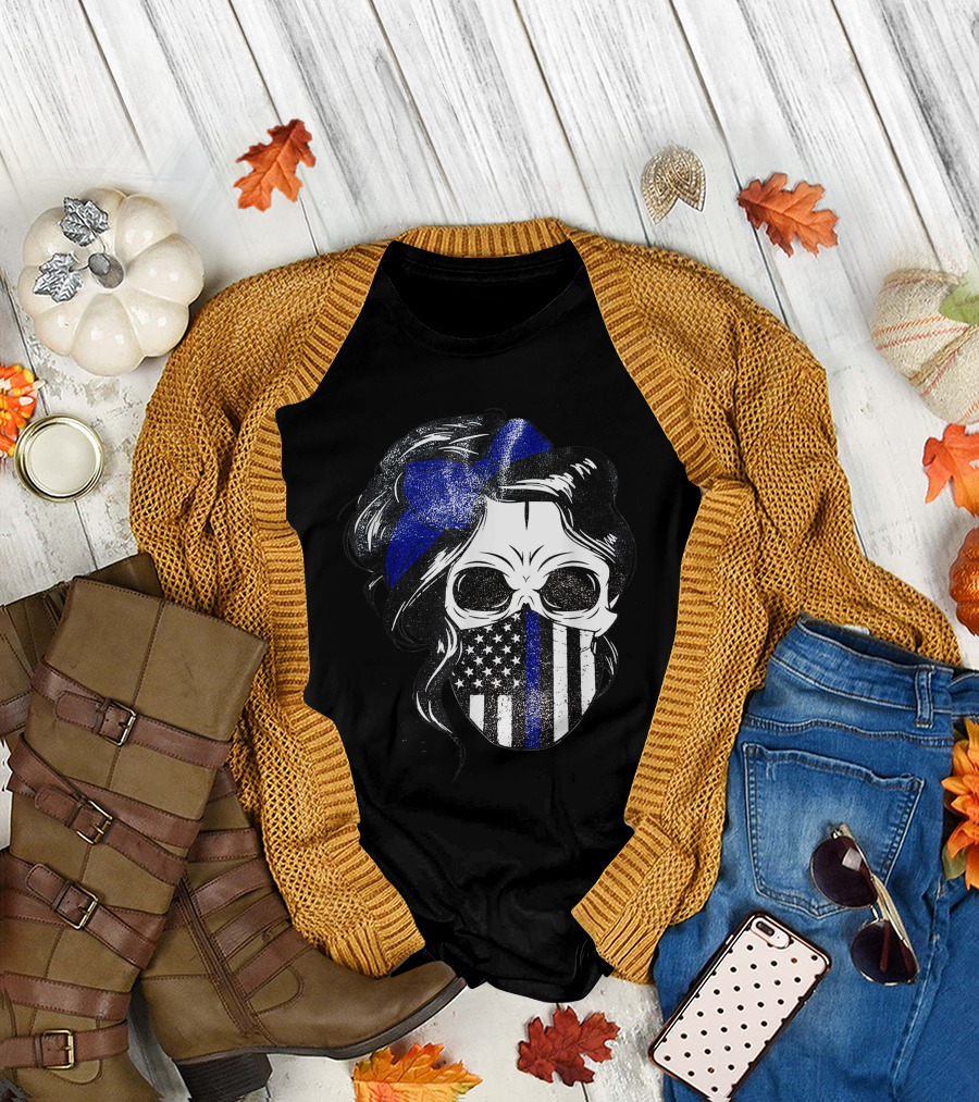 Skull Flag Blue Line Mask With Hair Bow And American T-Shirt