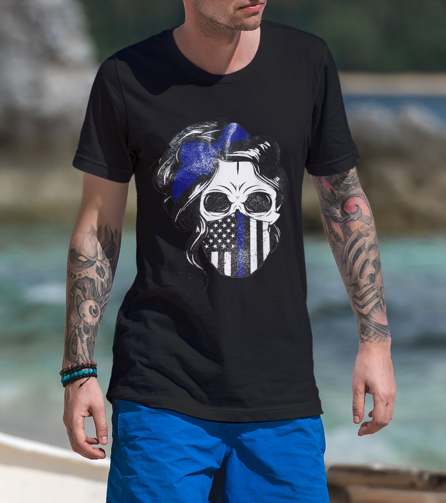 Skull Flag Blue Line Mask With Hair Bow And American T-Shirt
