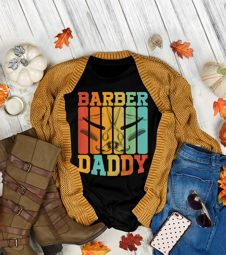 Barber Daddy Scissors and Comb Mustache Style Retro Blocks T-Shirt