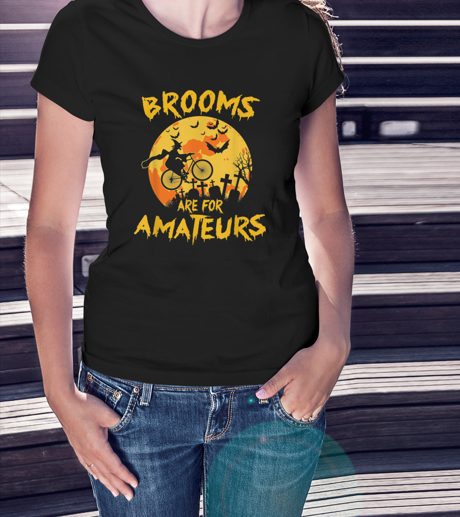 Brooms Are For Amateurs Witch Riding Bicycle Halloween Moon Graveyard Bats T-Shirt