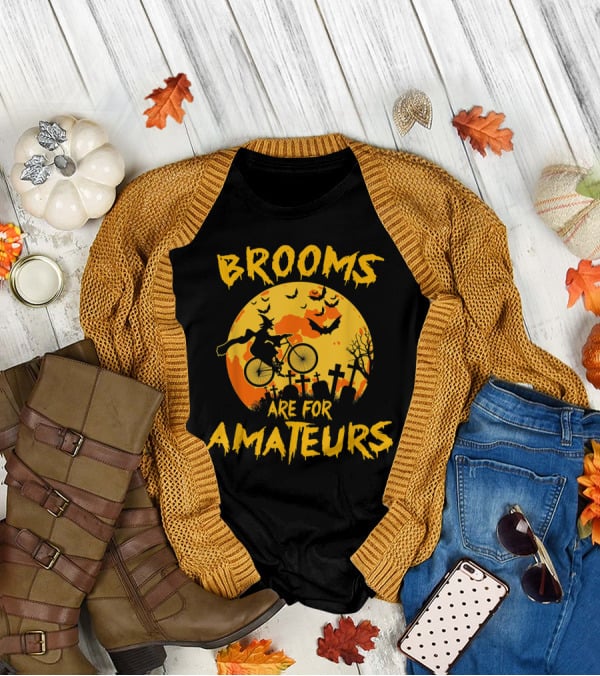 Brooms Are For Amateurs Witch Riding Bicycle Halloween Moon Graveyard Bats T-Shirt