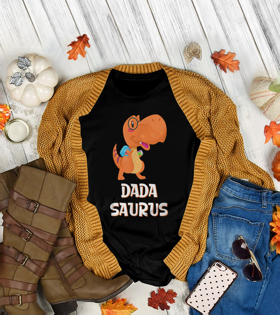 Dadasaurus Cute Dinosaur with Glasses and Backpack T-Shirt