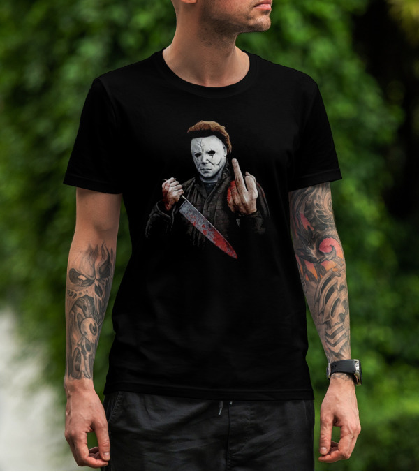 Halloween Michael Myers Holding Bloody Knife And Middle Finger Gesture T-Shirt