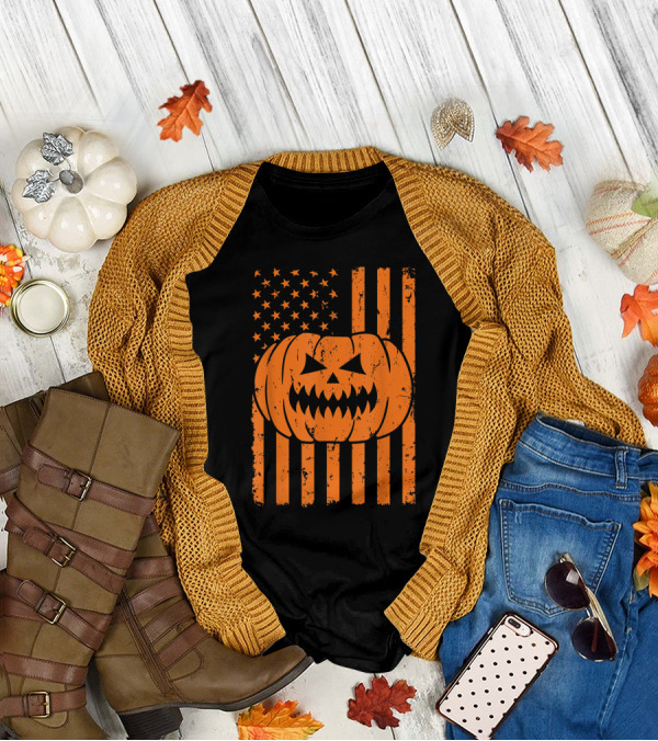 USA Flag Pumpkin Halloween Patriotism T-Shirt