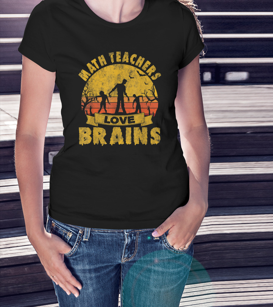 Math Teachers Love Brains Zombie Apocalypse Retro Sunset T-Shirt