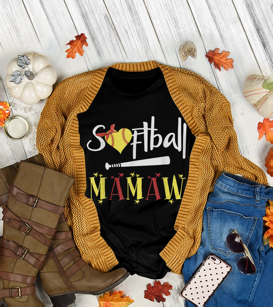 Softball Mamaw Heart and Bat with Stars T-Shirt