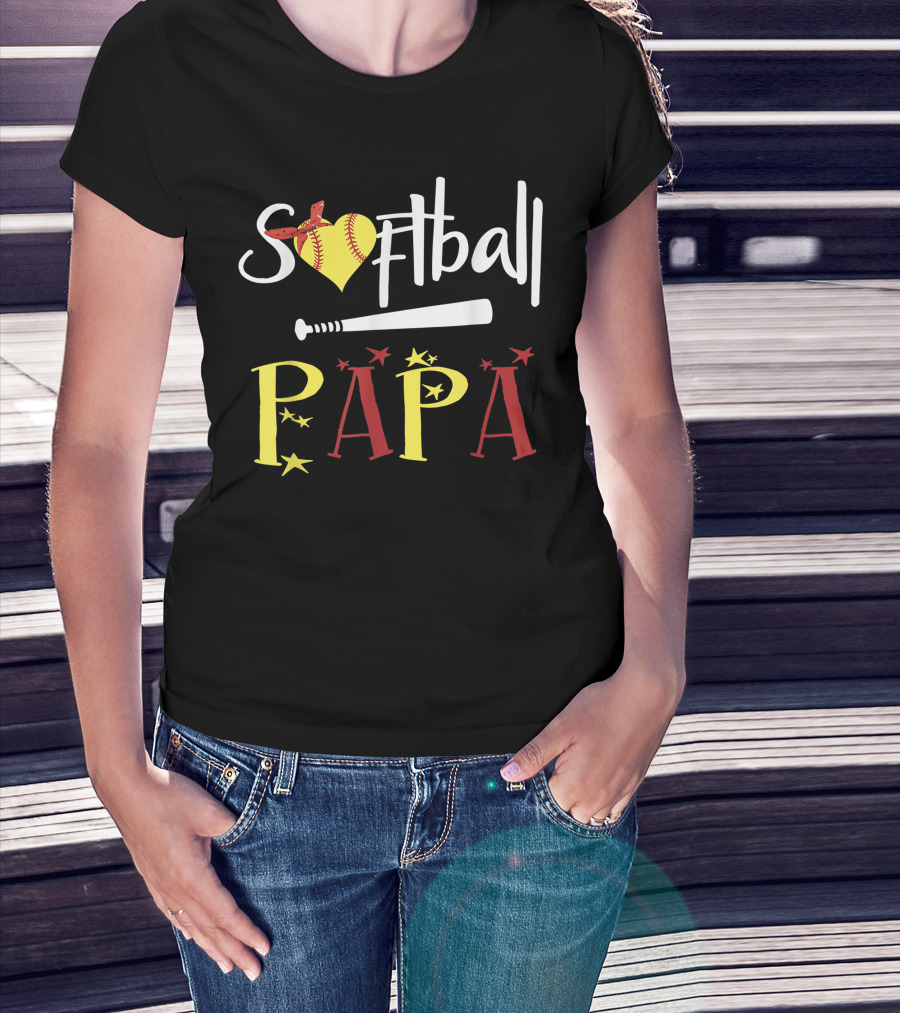 Softball Papa Heart Bat Stars T-Shirt