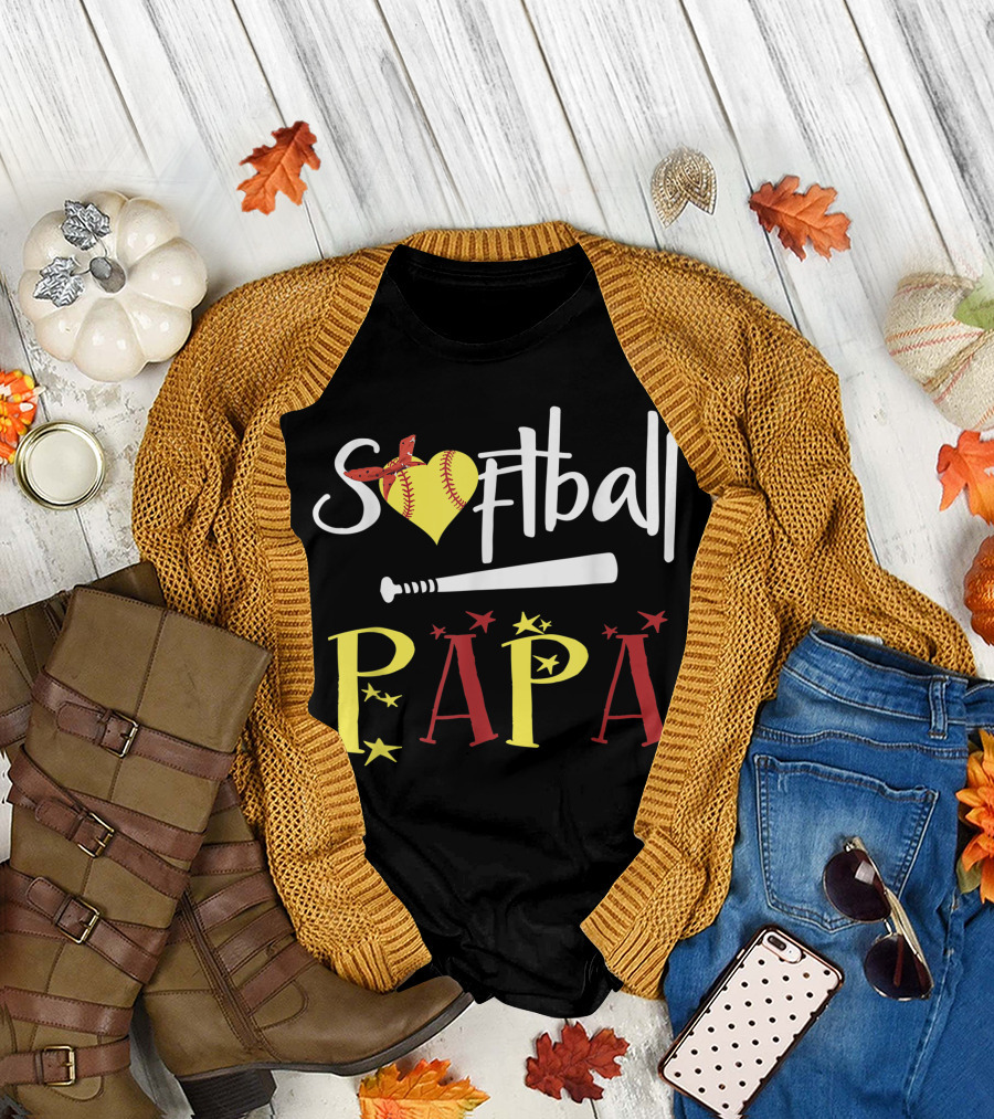 Softball Papa Heart Bat Stars T-Shirt