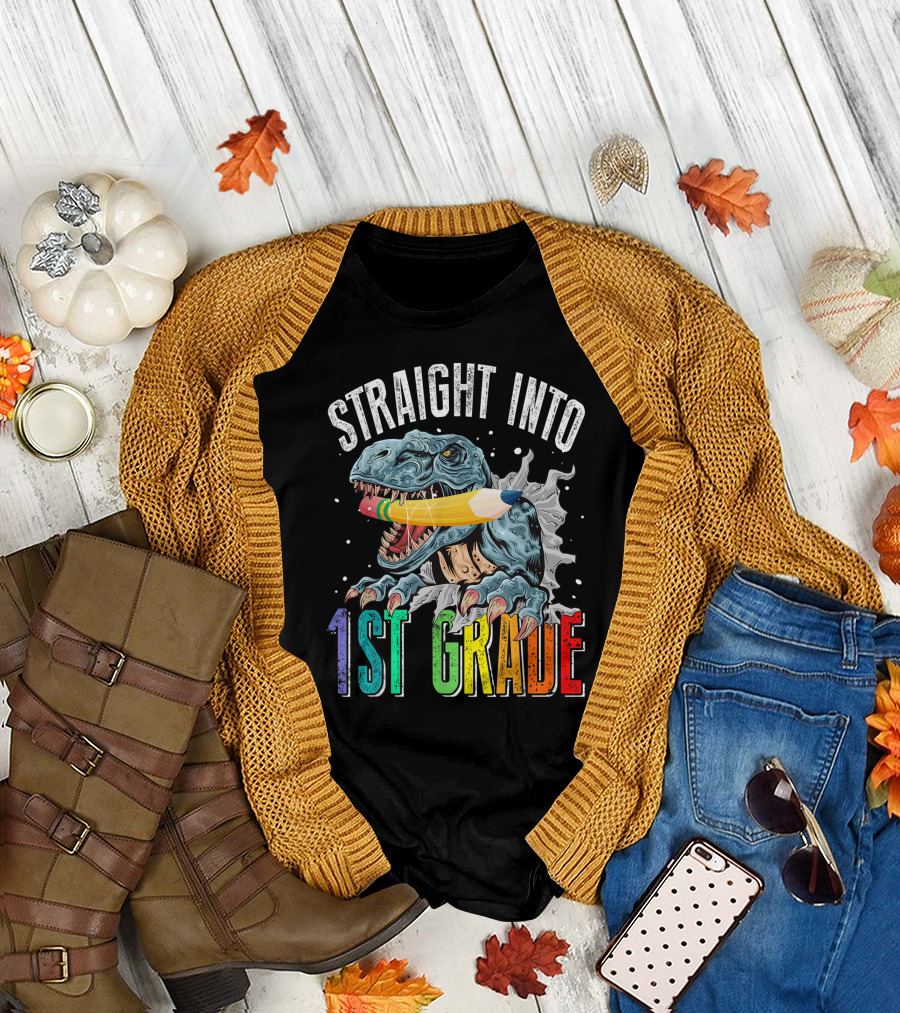 Straight Into 1st Grade Dinosaur Pencil Graphic Back to School T-Shirt