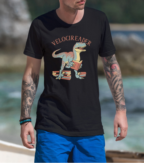 VELOCIREADER Dinosaur Reading Book With Stacked Books T-Shirt