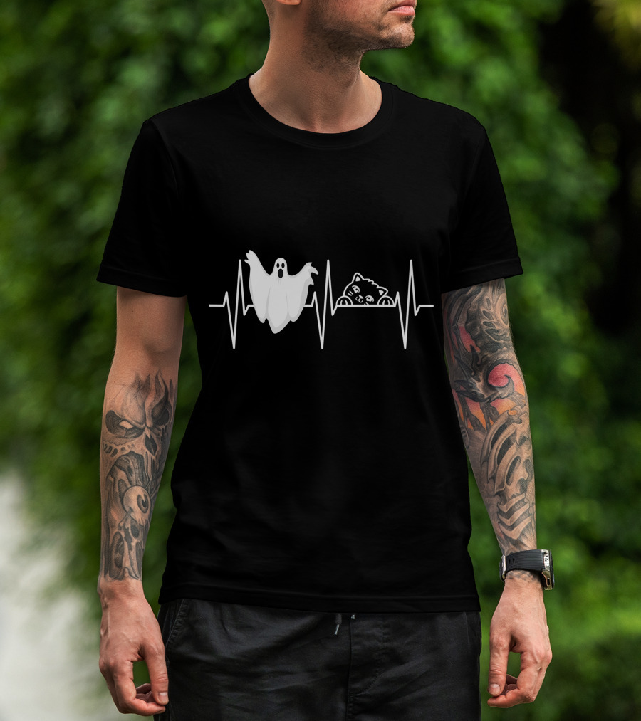 Cats Paranormal Ghost Hunting With Heartbeat Line And Ghostly Cat T-Shirt