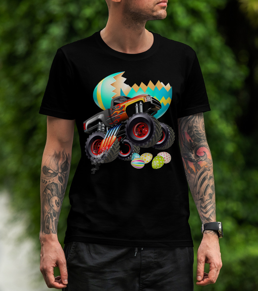 Monster Truck Cracking Colorful Easter Eggs Explosion T-Shirt