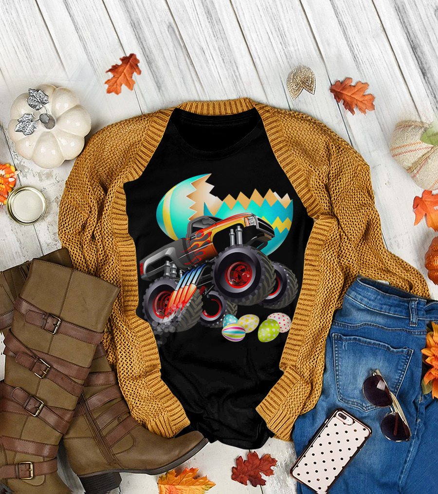 Monster Truck Cracking Colorful Easter Eggs Explosion T-Shirt