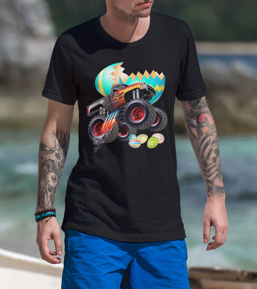Monster Truck Cracking Colorful Easter Eggs Explosion T-Shirt