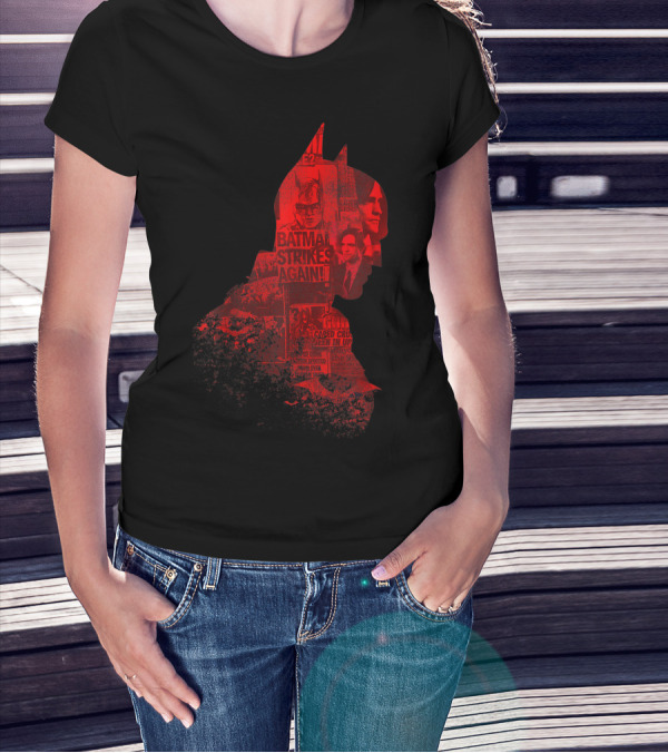 Batman Strikes Again Silhouette Collage Newspaper Headlines T-Shirt