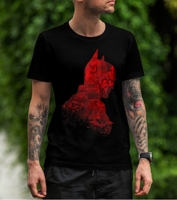 Batman Strikes Again Silhouette Collage Newspaper Headlines T-Shirt