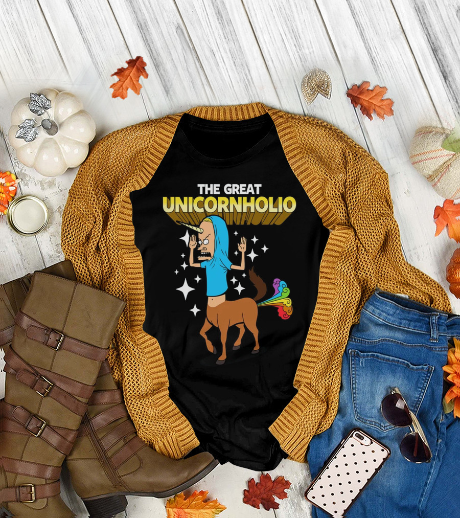 Fall flat lay featuring THE GREAT UNICORNHOLIO BEAVIS AND BUTT-HEAD T-Shirt with cardigan.